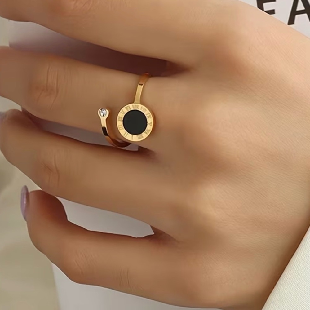 Gold Open Circle Black Accent Ring - Elegant Women's Jewelry